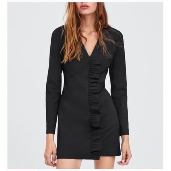 Zara Dresses & Skirts - Zara Ruffle V-Neck Long Sleeves Mini Dress Party Bodycon M